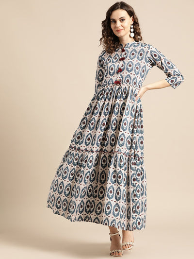 Nayo Women White Ethnic Motifs Printed Mandarin Collar Cotton Fit and Flare Dress