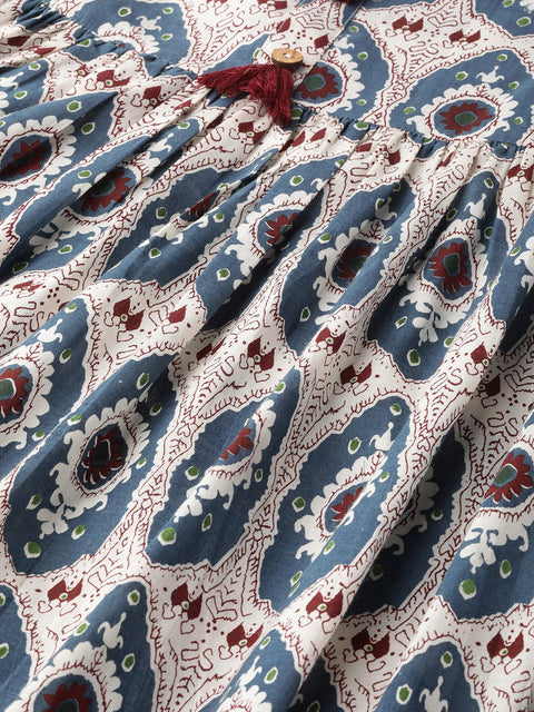 Nayo Women White Ethnic Motifs Printed Mandarin Collar Cotton Fit and Flare Dress