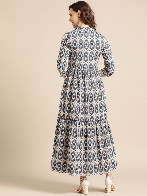 Nayo Women White Ethnic Motifs Printed Mandarin Collar Cotton Fit and Flare Dress