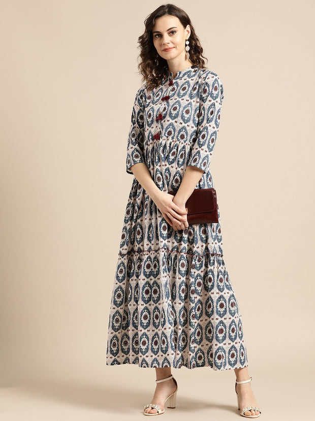 Nayo Women White Ethnic Motifs Printed Mandarin Collar Cotton Fit and Flare Dress