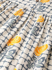 Nayo Women Off White Floral Printed Mandarin Collar Cotton A-Line Dress