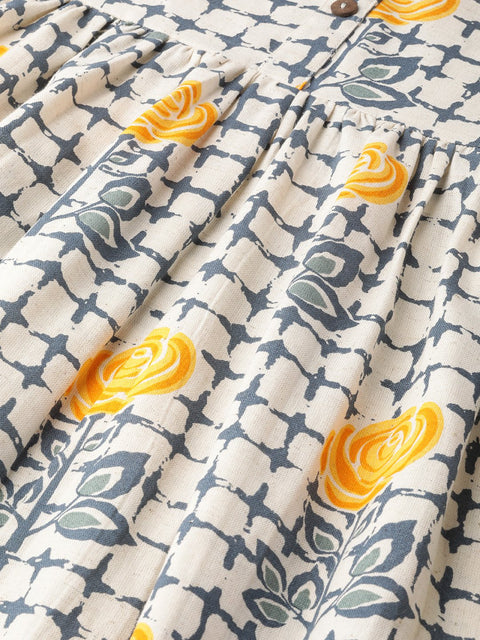 Nayo Women Off White Floral Printed Mandarin Collar Cotton A-Line Dress