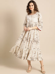 Nayo Women White Conversational Printed Round Neck Cotton Fit and Flare Dress