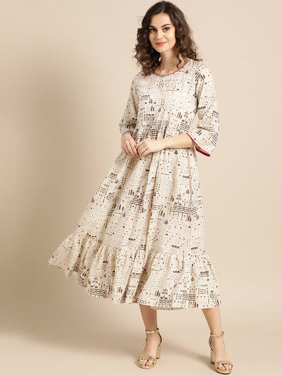 Nayo Women White Conversational Printed Round Neck Cotton Fit and Flare Dress