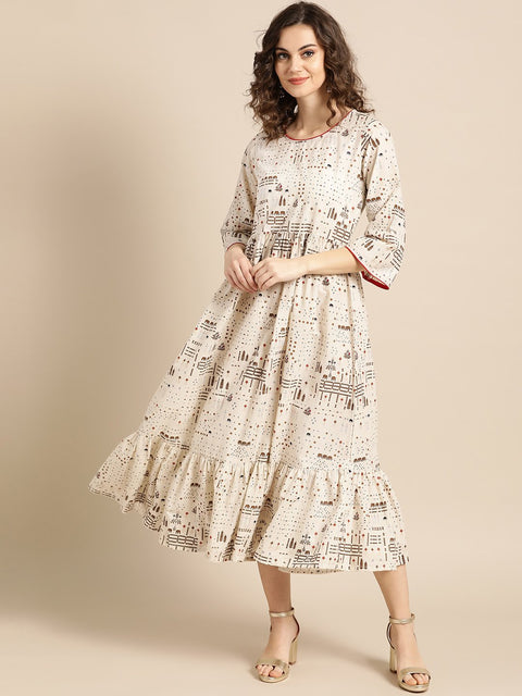 Nayo Women White Conversational Printed Round Neck Cotton Fit and Flare Dress