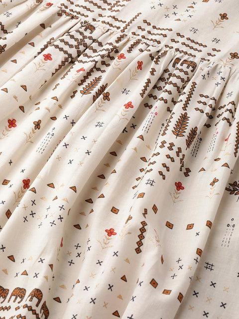 Nayo Women White Conversational Printed Round Neck Cotton Fit and Flare Dress