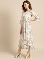 Nayo Women White Conversational Printed Round Neck Cotton Fit and Flare Dress