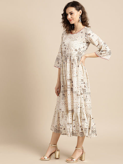 Nayo Women White Conversational Printed Round Neck Cotton Fit and Flare Dress