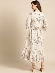 Nayo Women White Conversational Printed Round Neck Cotton Fit and Flare Dress