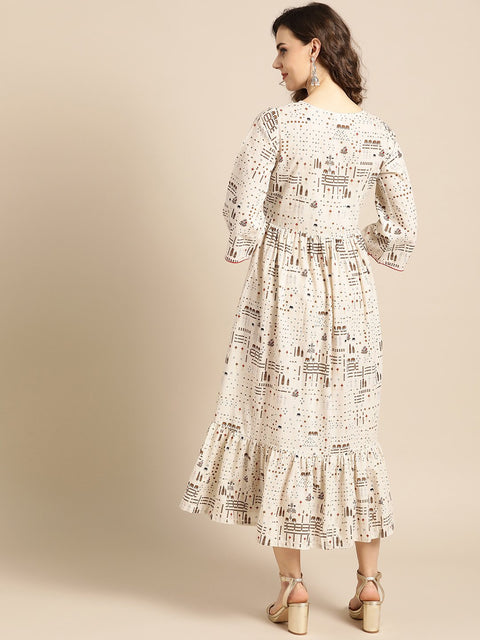 Nayo Women White Conversational Printed Round Neck Cotton Fit and Flare Dress