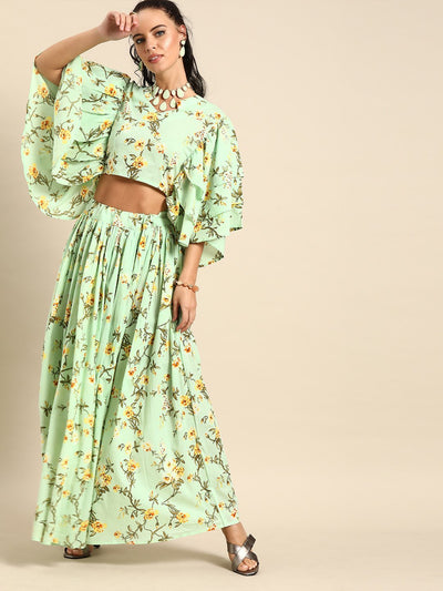 Nayo Women Mint Green Pure Cotton Mandarin Collar Top with Skirt Clothing Set