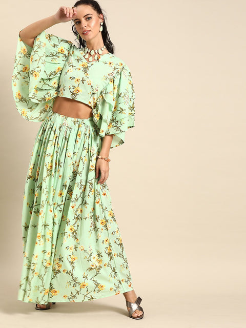 Nayo Women Mint Green Pure Cotton Mandarin Collar Top with Skirt Clothing Set