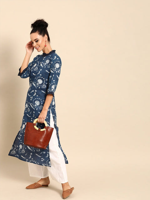 Women Blue Printed Straight Kurta With Three Quarter Sleeves