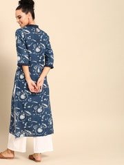 Women Blue Printed Straight Kurta With Three Quarter Sleeves