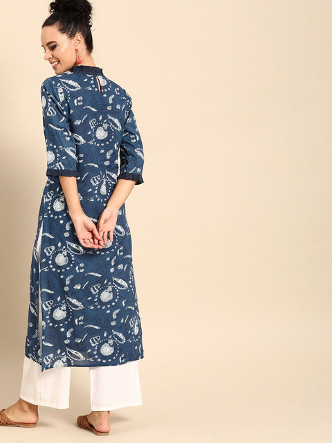 Women Blue Printed Straight Kurta With Three Quarter Sleeves