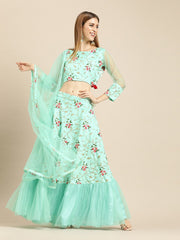Women Sea Green Silk Blended Lehenga 3/4th sleeve net Choli With Dupatta