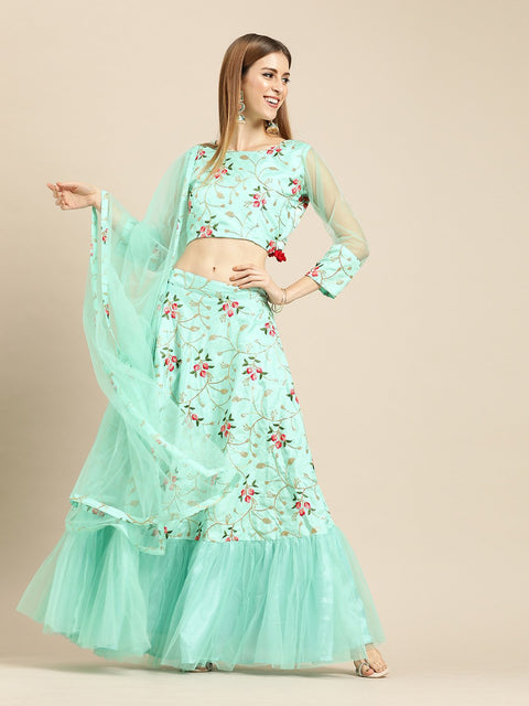 Women Sea Green Silk Blended Lehenga 3/4th sleeve net Choli With Dupatta