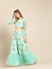 Women Sea Green Silk Blended Lehenga 3/4th sleeve net Choli With Dupatta
