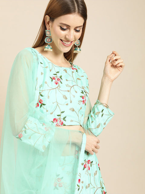Women Sea Green Silk Blended Lehenga 3/4th sleeve net Choli With Dupatta