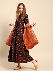 Women Maroon and Orange Full Sleeves Woven Design Brocade A-line Dress with Dupatta