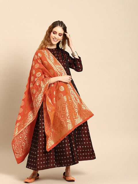 Women Maroon and Orange Full Sleeves Woven Design Brocade A-line Dress with Dupatta