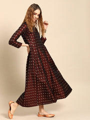 Women Maroon and Orange Full Sleeves Woven Design Brocade A-line Dress with Dupatta