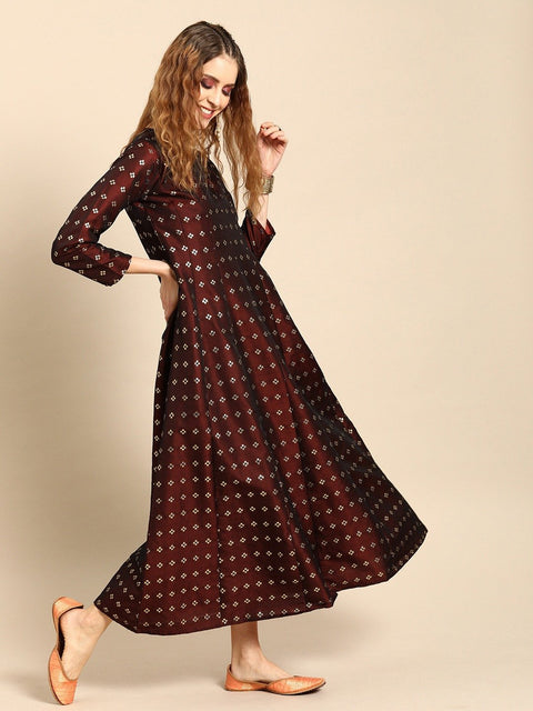 Women Maroon and Orange Full Sleeves Woven Design Brocade A-line Dress with Dupatta