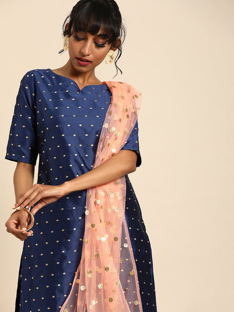 Women Blue Three-Quarter Sleeves Woven Design Straight Silk Blend Brocade Kurta with Trouser and Dupatta