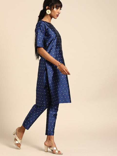 Women Blue Three-Quarter Sleeves Woven Design Straight Silk Blend Brocade Kurta with Trouser and Dupatta