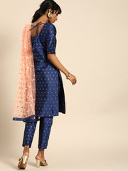 Women Blue Three-Quarter Sleeves Woven Design Straight Silk Blend Brocade Kurta with Trouser and Dupatta