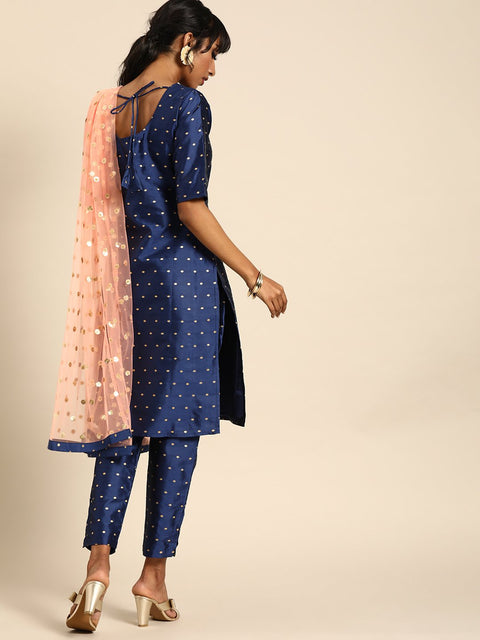 Women Blue Three-Quarter Sleeves Woven Design Straight Silk Blend Brocade Kurta with Trouser and Dupatta