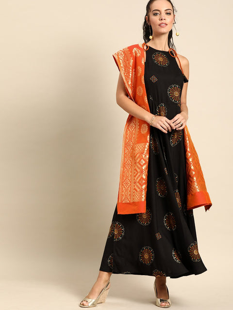 Women Black Floral Printed Halter Neck Viscose Rayon Fit and Flare Dress