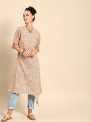 Women Beige Calf Length Three-Quarter Sleeves A-Line Floral Printed Cotton Kurta