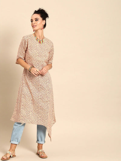 Women Beige Calf Length Three-Quarter Sleeves A-Line Floral Printed Cotton Kurta