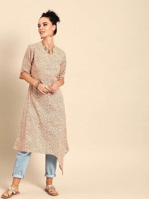 Women Beige Calf Length Three-Quarter Sleeves A-Line Floral Printed Cotton Kurta