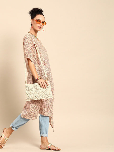 Women Beige Calf Length Three-Quarter Sleeves A-Line Floral Printed Cotton Kurta