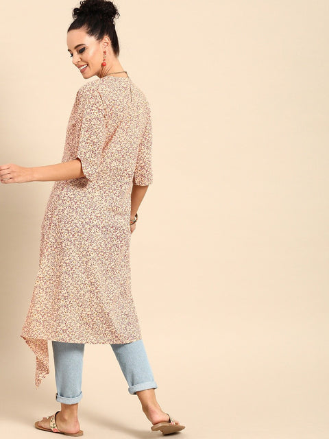Women Beige Calf Length Three-Quarter Sleeves A-Line Floral Printed Cotton Kurta