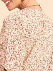 Women Beige Calf Length Three-Quarter Sleeves A-Line Floral Printed Cotton Kurta