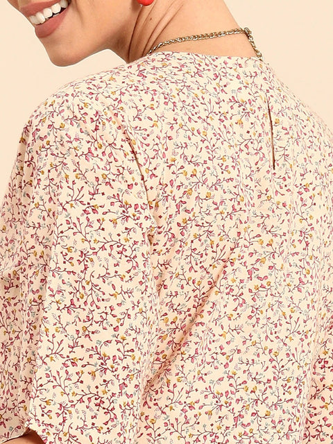 Women Beige Calf Length Three-Quarter Sleeves A-Line Floral Printed Cotton Kurta