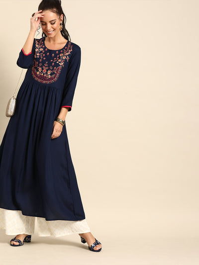 Nayo Women Navy Blue Calf Length Three-Quarter Sleeves A-Line Solid Yoke Design Viscose Rayon Kurta
