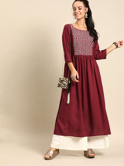 Women Maroon Calf Length Three-Quarter Sleeves A-Line Solid Yoke Design Viscose Rayon Kurta