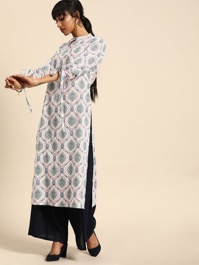 Nayo Women White Calf Length Three-Quarter Sleeves Straight Ethnic Motifs Printed Cotton Kurta