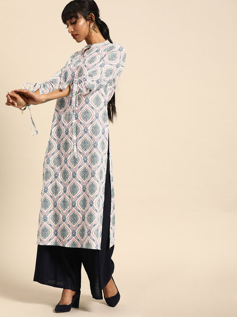 Nayo Women White Calf Length Three-Quarter Sleeves Straight Ethnic Motifs Printed Cotton Kurta