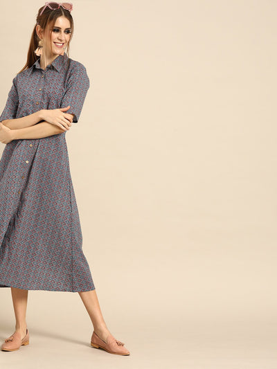 Nayo Women Blue Ethnic Motifs Printed Shirt Collar Cotton A-Line Dress