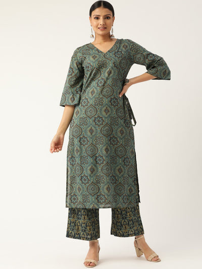 Women Sage Green Three-Quarter Sleeves Printed Straight Pure Cotton Kurta with Palazzo