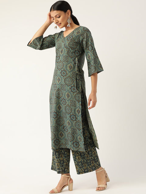 Women Sage Green Three-Quarter Sleeves Printed Straight Pure Cotton Kurta with Palazzo
