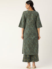 Women Sage Green Three-Quarter Sleeves Printed Straight Pure Cotton Kurta with Palazzo