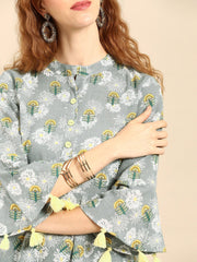 Women Grey  Printed Flared Floral Knitted Pure Cotton Kurti