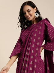 Women Wine Printed Palazzo Saree with Blouse