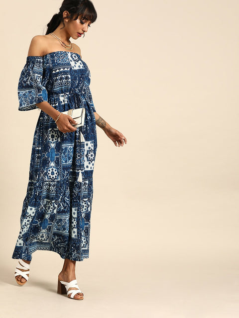 Nayo Women Navy Blue Bohemian Printed Strapless Cotton Maxi Dress